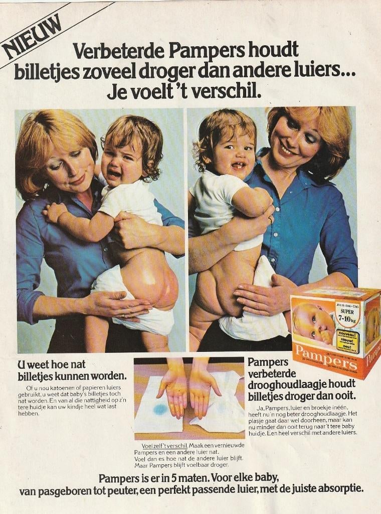 Retro reclame 1978 Pampers baby luiers jongetje in plastic, Verzenden, Overige typen