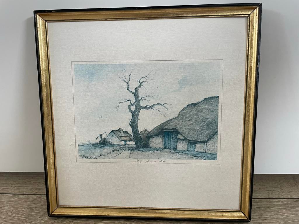 Aquarel “het strooien dak” 30x30cm, Antiek en Kunst, Ophalen