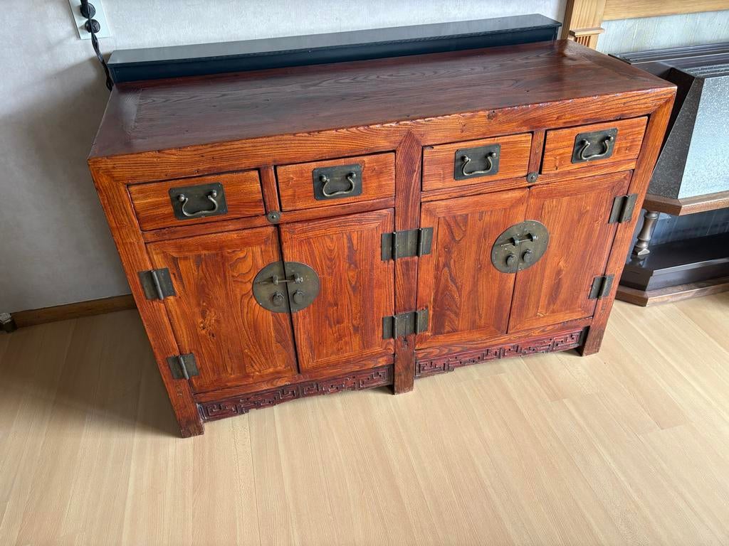 Antiek Chinees Dressoir Kast - Massief Hout, Ophalen, Gebruikt, 100 tot 150 cm, Oosters chinees design