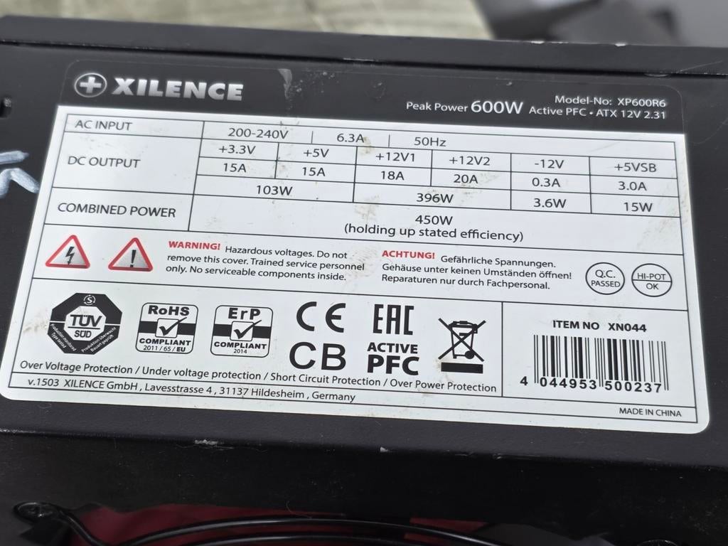 Xilence 450w max voeding psu power supply xp600r6 600w piek, Ophalen of Verzenden, Gebruikt