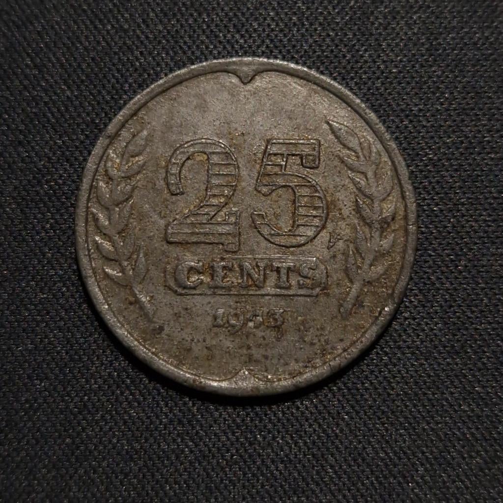 25 cent 1943 zink, Verzenden, Koningin Wilhelmina, 25 cent, Losse munt