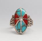 Navajo ring turkoois koraal sterling zilver mt 18 MCM VS, 18 tot 19, Gebruikt, Verzenden, Dame of Heer