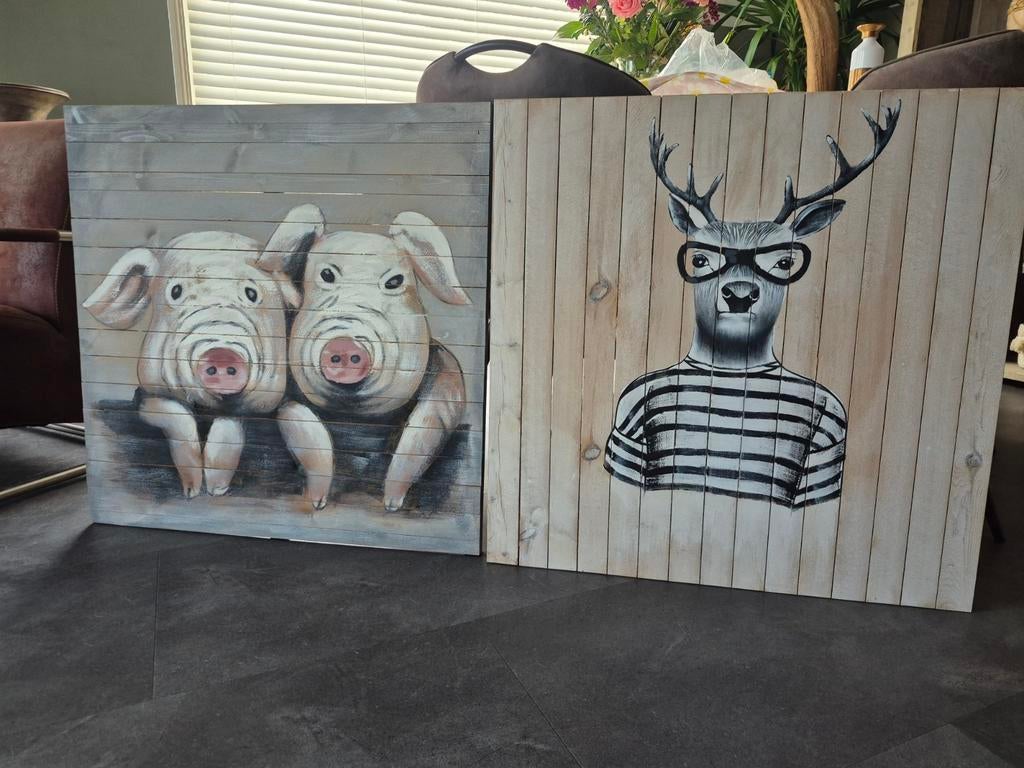 Houten schilderijen: varkens en hert met bril, Ophalen of Verzenden