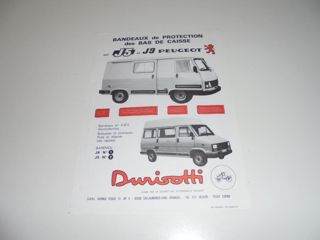 leaflet Durisotti flankbescherming Peugeot J5 en J9, Ophalen of Verzenden, Gelezen, Peugeot