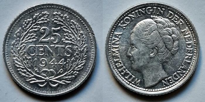 25 cent 1944 ep, Verzenden, Koningin Wilhelmina, 25 cent, Zilver
