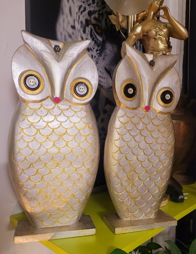 Twee uilen beelden, zilverkleurig met goud, Hout, Ophalen of Verzenden, Zo goed als nieuw, Goud
