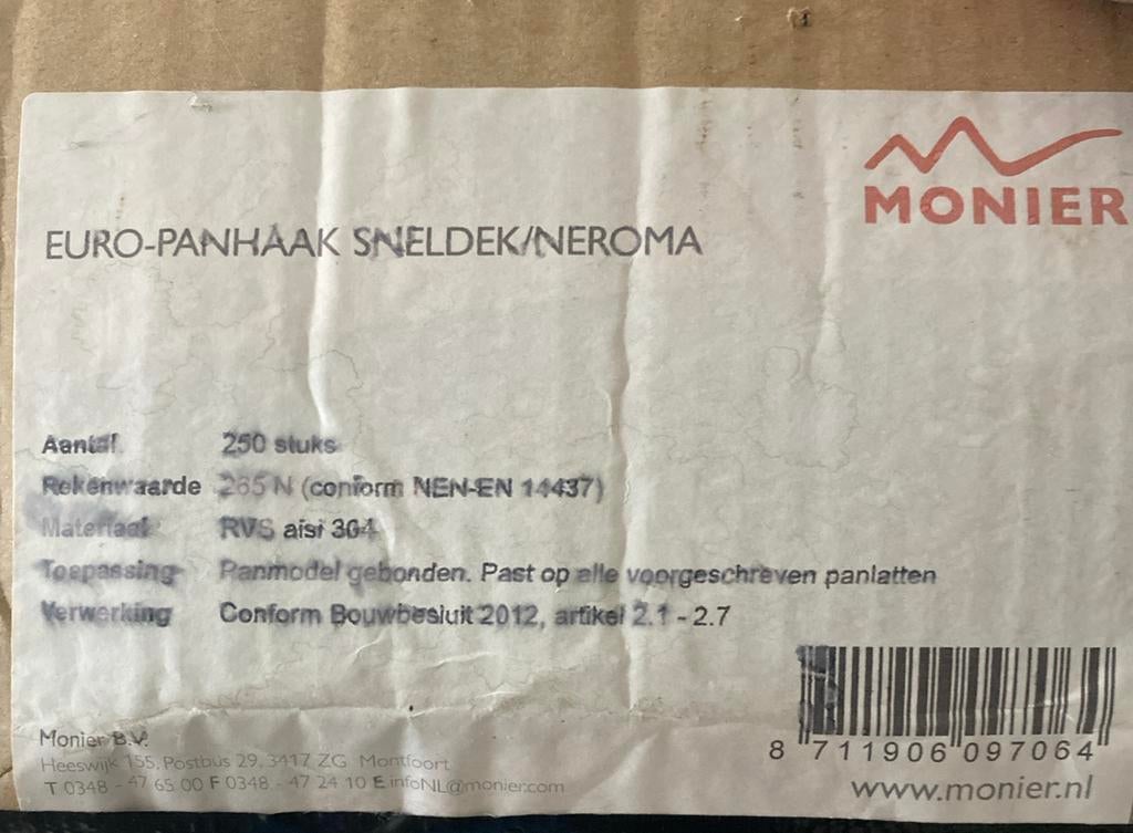 Monier Euro Panhaak Sneldek/Neroma, 250 stuks, Ophalen of Verzenden, Nieuw