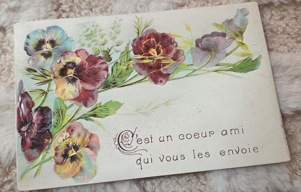 Antieke Franse ansichtkaart - met spreuk en viooltjes, Verzamelen, Ansichtkaarten | Themakaarten, Verzenden, Voor 1920, Gelopen
