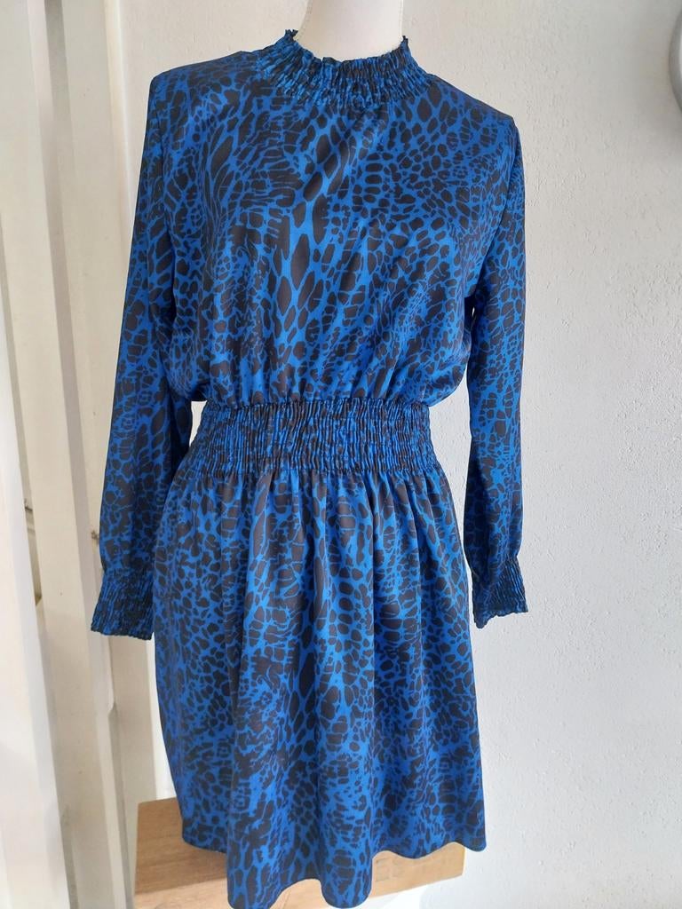 Blauwe jurk met zwarte print Savinni maat S/M, Blauw, Ophalen of Verzenden, Zo goed als nieuw, Boven de knie