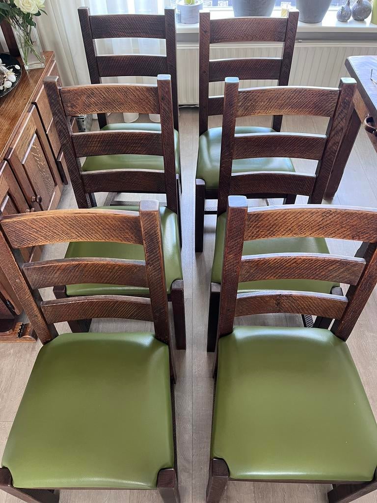 6x massief eiken stoelen met lederen zitting, Ophalen, Bruin, Zo goed als nieuw, Vijf, Zes of meer stoelen