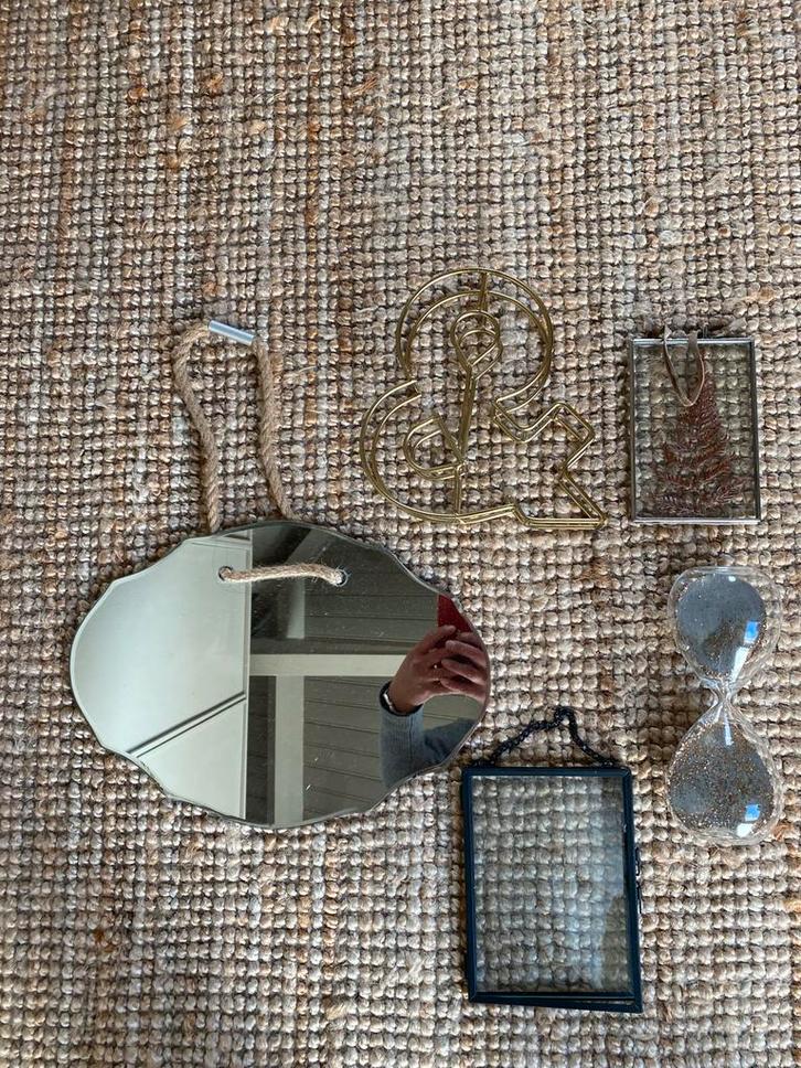 Leuke set woonaccessoires: spiegel, zandloper, decoratie, Huis en Inrichting, Woonaccessoires | Overige, Gebruikt, Ophalen of Verzenden