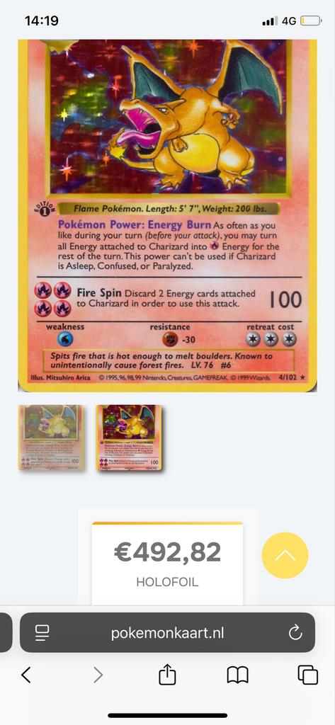 Charizard Holofoil Pokémon Kaart 4/102 (1st Edition), Ophalen, Zo goed als nieuw, Losse kaart, Foil