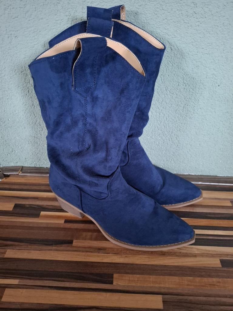 Donkerblauwe suède cowboylaarzen - Maat 43, Kleding | Dames, Schoenen, Blauw, Lage of Enkellaarzen, Ophalen of Verzenden, Onbekend