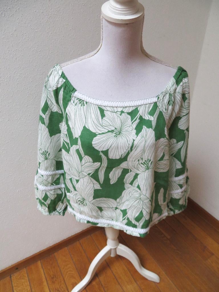 Z66 TAHARI nieuwe korte linnen blouse groen wit L 42/44, Kleding | Dames, Maat 42/44 (L), Nieuw, Ophalen of Verzenden, Tahiri