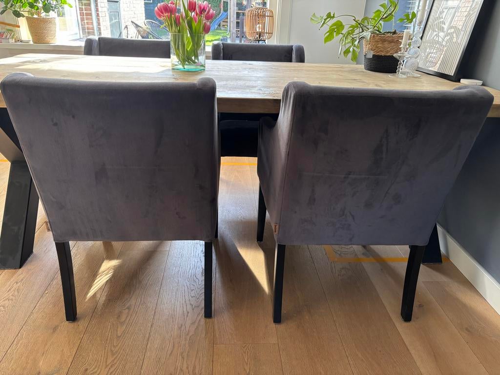 Vier luxe WOOOD velvet eetkamerstoelen, Ophalen, Gebruikt, Vier, Stof