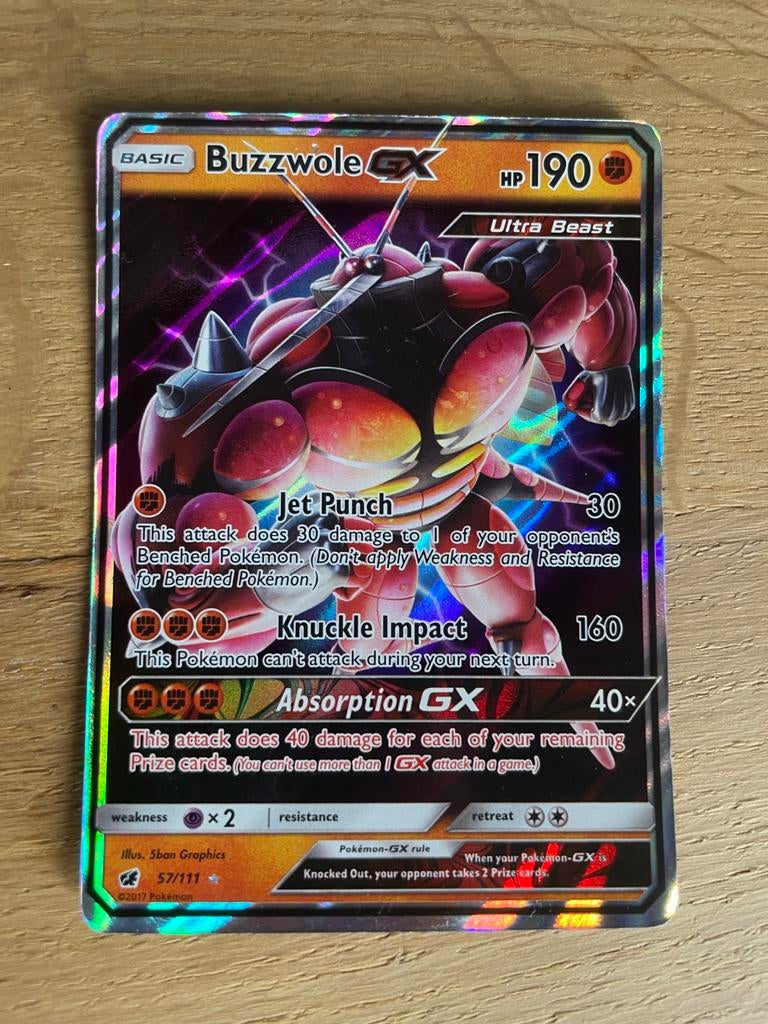 Pokémonkaart Buzzwole GX 57/111 Crimson Invasion, Ophalen of Verzenden, Gebruikt, Losse kaart, Foil