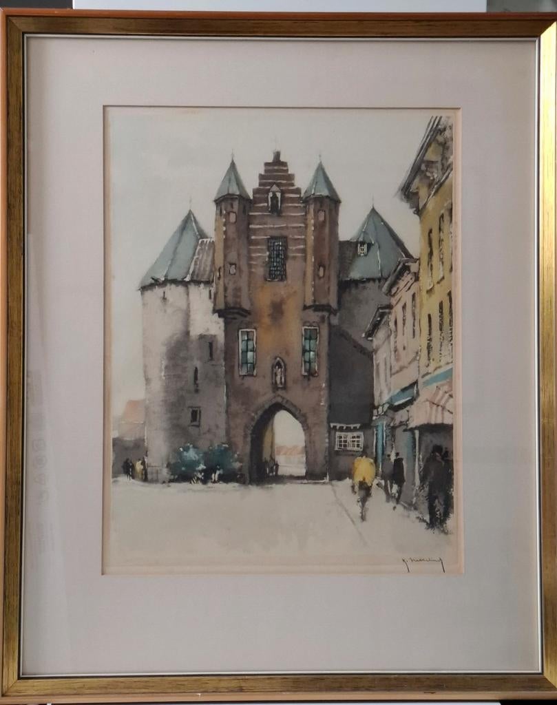 Sfeervolle aquarel Bergen op Zoom- gesigneerd R. Hebbelinck, Ophalen of Verzenden