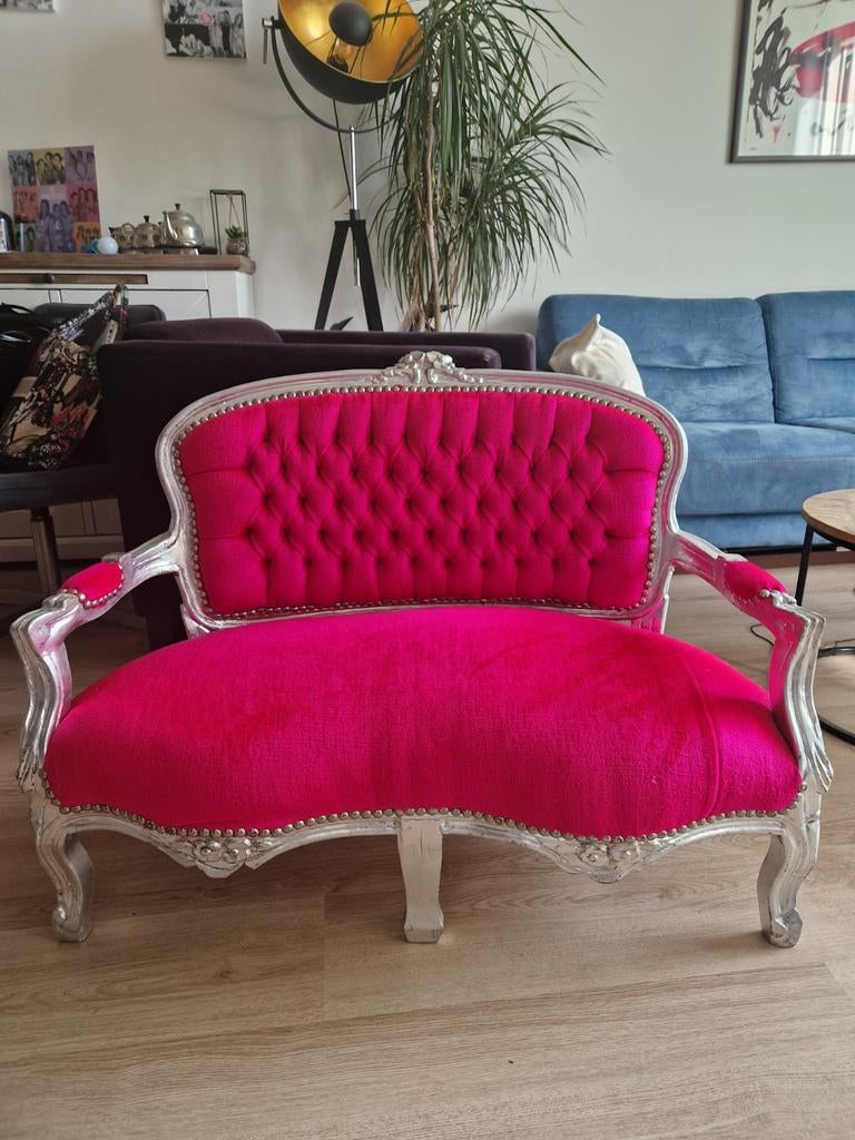 Prinsessen bankje roze met zilveren frame, Ophalen, Minder dan 75 cm, Tweepersoons, Zo goed als nieuw