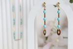 14 Karaat Gouden Oorhangers Met Turquoise Edelstenen, Hangers, Ophalen of Verzenden, Zo goed als nieuw, Met edelsteen