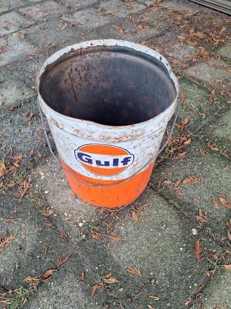 Gulf vet blik vat 20 liter jaren 70, Ophalen of Verzenden, Gebruikt, Verpakking