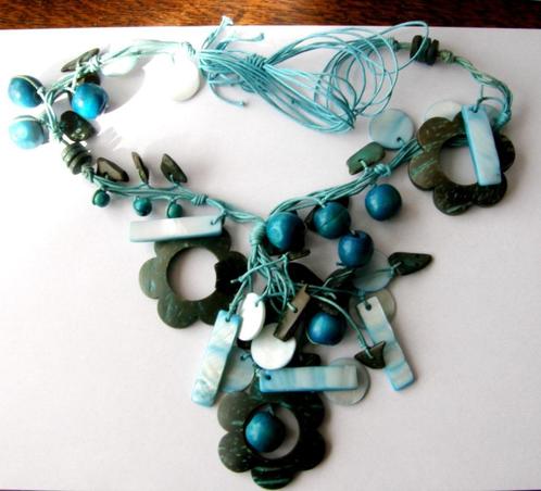 Abalone Parelmoer mother of pearl ketting Houten bloem kraal, Sieraden, Tassen en Uiterlijk, Kettingen, Zo goed als nieuw, Steen of Mineraal