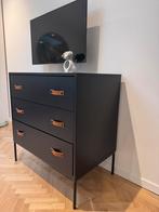 Commode - zwart met drie lades en leren handvatten, Ophalen, 50 tot 70 cm, 90 tot 105 cm, 100 cm of meer