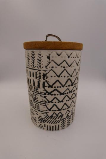 Kaarsenhouder, keramiek zwart/wit houten deksel, leeg. beschikbaar voor biedingen