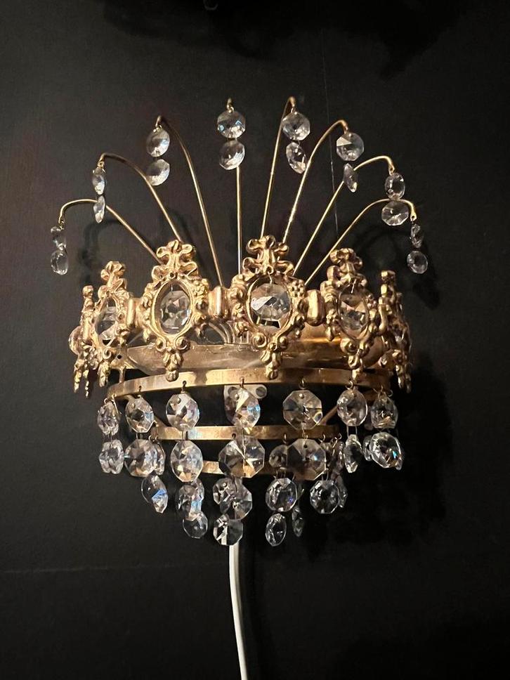 Set van 2 vintage messing kristal wandlampjes, Huis en Inrichting, Lampen | Wandlampen, Zo goed als nieuw, Glas, Metaal, Ophalen of Verzenden