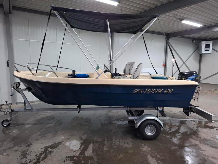 Seafinder 420 consoleboot met 10 pk motor en trailer, Watersport en Boten, Vis- en Consoleboten, Gebruikt, Tot 10 pk, 3 tot 6 meter