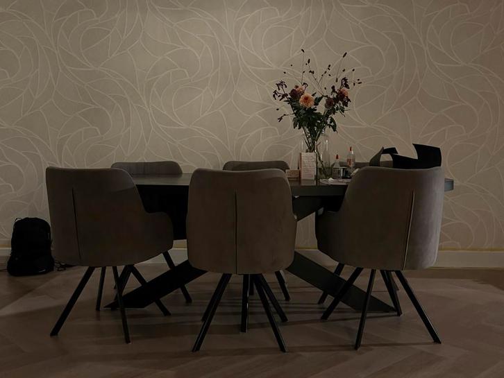 Ovale parket eettafel met 6 luxe velvet stoelen, Huis en Inrichting, Tafels | Eettafels, Gebruikt, 100 tot 150 cm, 200 cm of meer