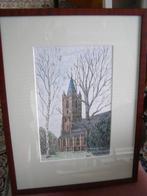 Kerk Kapelle Biezelinge (Zld) ingelijst en gekleurd 45x33 cm, Verzamelen, Foto's en Prenten, Gebruikt, 1980 tot heden, Ophalen of Verzenden