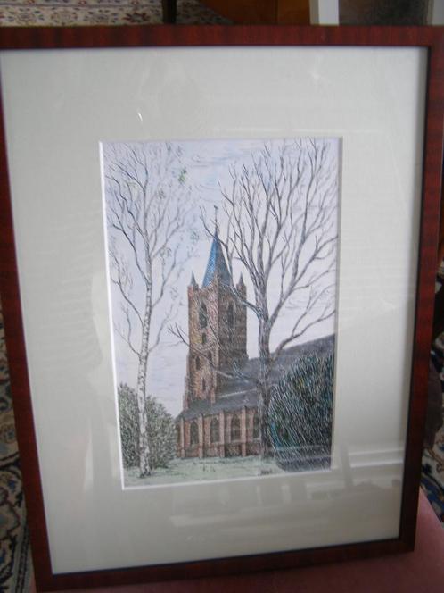 Kerk Kapelle Biezelinge (Zld) ingelijst en gekleurd 45x33 cm, Verzamelen, Foto's en Prenten, Gebruikt, Prent, Gebouw, 1980 tot heden