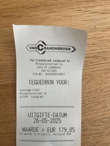 Tegoedbon Cranenbroek waarde €179,85 beschikbaar voor biedingen