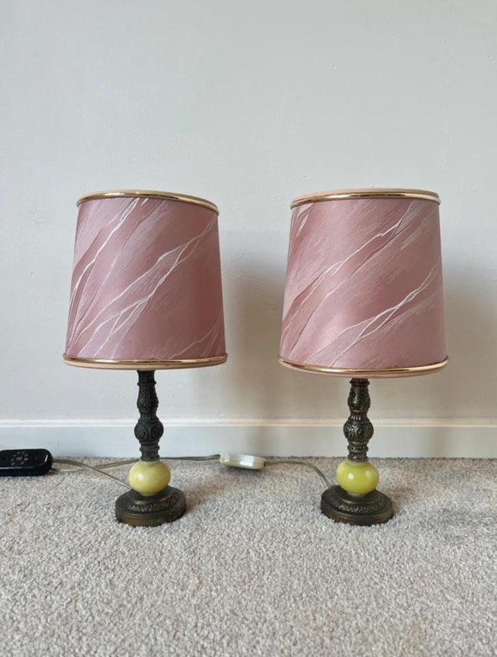 Set van 2 vintage roze/groen onyx lampjes,29,5x15cm.Art deco, Huis en Inrichting, Lampen | Tafellampen, Gebruikt, Minder dan 50 cm