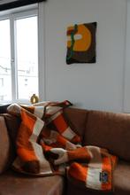 Vintage 100% wollen deken 180x200 | Oranje bruin beige ruit, Ophalen of Verzenden, Zo goed als nieuw