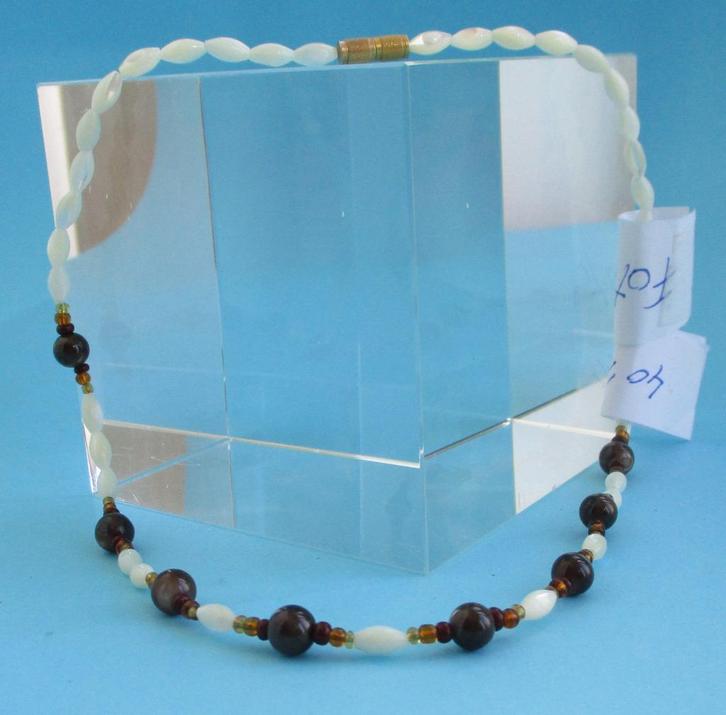 KP03-Ketting Parelmoer-Ovaal-Wit + Bol-Tijgeroog -40½cm, Sieraden, Tassen en Uiterlijk, Kettingen, Nieuw, Steen of Mineraal, Wit