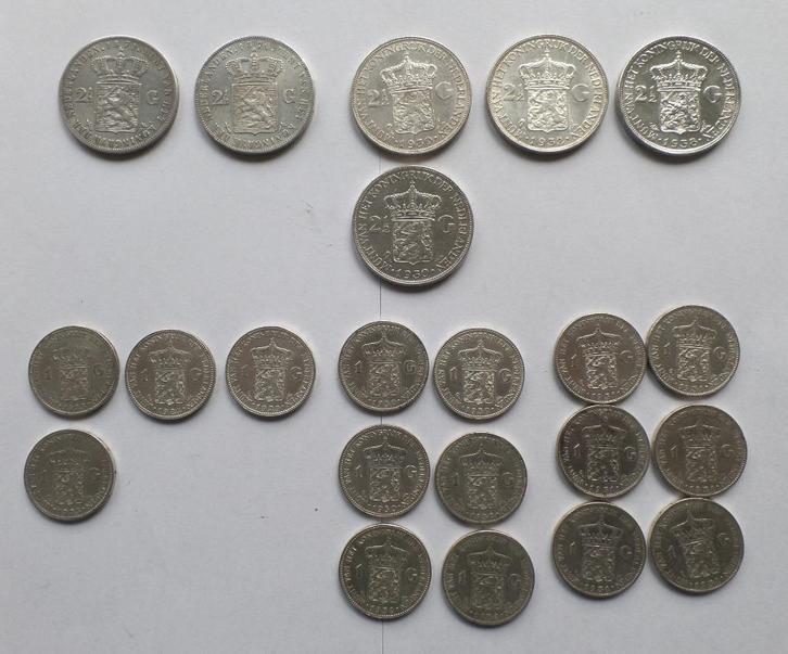 22 Munten Willem 3 en Wilhelmina 1 en 2.5 gulden 1871tot1931, Postzegels en Munten, Munten | Nederland, Setje, 2½ gulden, Koning Willem III