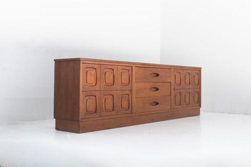 Vintage grafisch teak houten dressoir jaren 60, Huis en Inrichting, Kasten | Dressoirs, Gebruikt, 200 cm of meer, 25 tot 50 cm