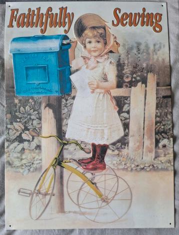 Wandbord meisje op fiets bij brievenbus 