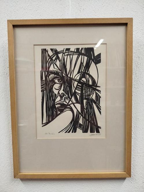 Prachtige Linosnede“de Blik” van W.Laenen ’77 in eiken kader, Antiek en Kunst, Kunst | Litho's en Zeefdrukken, Ophalen of Verzenden