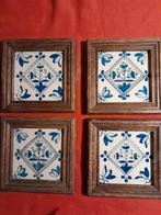 4 antieke tegels in eiken houten lijstje hoekjes wat beschad, Antiek en Kunst, Antiek | Wandborden en Tegels, Ophalen of Verzenden