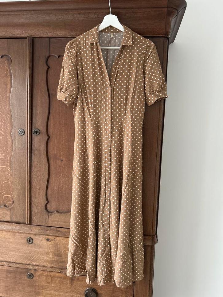 Vintage Gestippelde Jurk, Kleding | Dames, Jurken, Zo goed als nieuw, Maat 36 (S), Bruin, Onder de knie, Ophalen of Verzenden