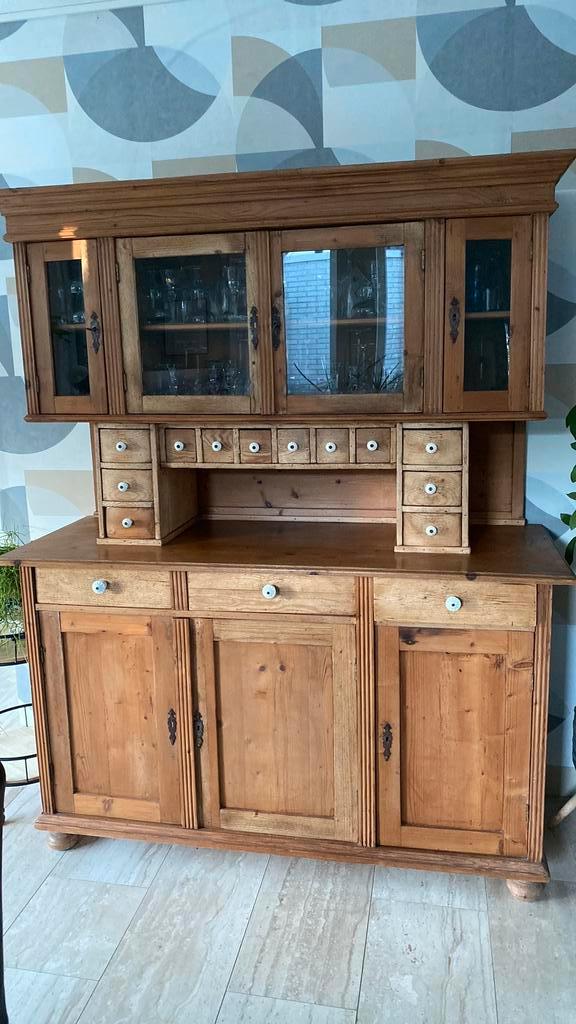 Oud grenen buffet kast 7 glas hout deuren 15 lades 2 delen, Huis en Inrichting, Kasten | Buffetkasten, Zo goed als nieuw, 150 tot 200 cm