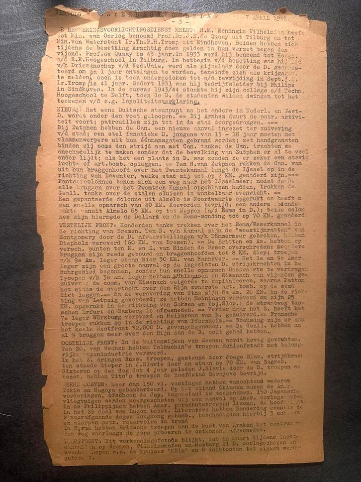 Origineel clandestien oorlogsbulletin – 7 april 1945, Verzamelen, Militaria | Tweede Wereldoorlog, Overige soorten, Boek of Tijdschrift