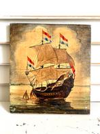 Antiek piepklein olieverf schilderstukje op hout schip VOC, Ophalen