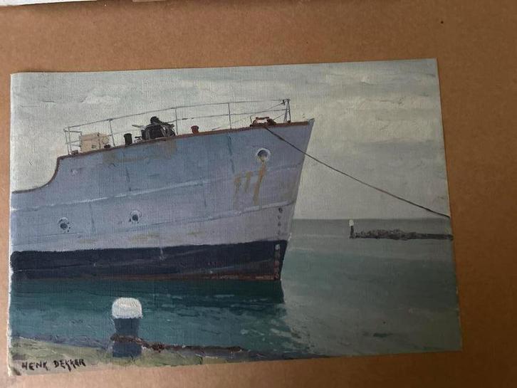 Schilderij van Henk Dekker: Schip aan de kade, Antiek en Kunst, Kunst | Schilderijen | Klassiek, Ophalen of Verzenden