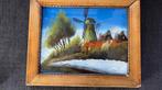 Antiek schilderij op glas molen landschap, Ophalen of Verzenden