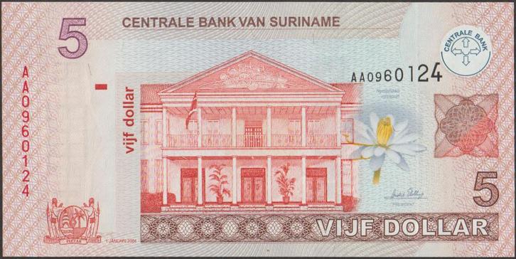 Suriname 5 dollar 2004 UNC p.157a (# 604), Postzegels en Munten, Bankbiljetten | Amerika, Los biljet, Zuid-Amerika, Verzenden