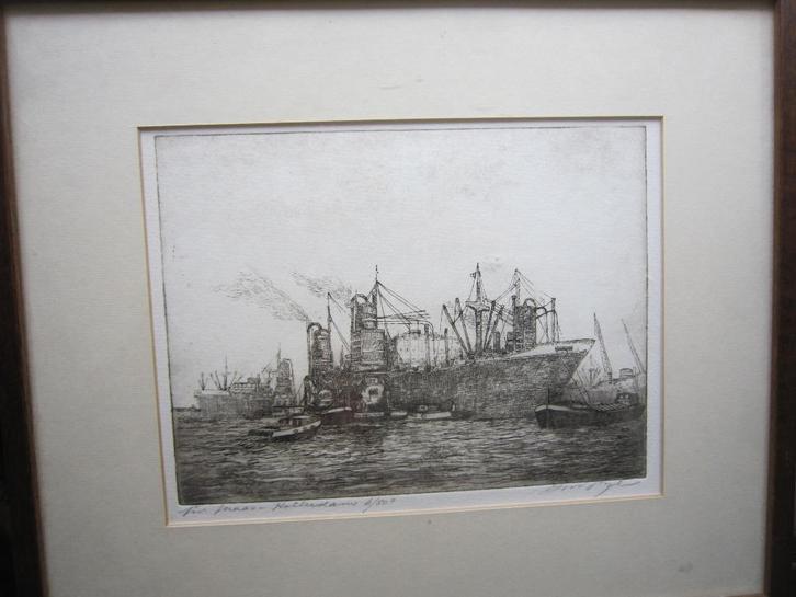 HW BIJL, Mooie zwart-wit ets, Schepen op de Maas., Antiek en Kunst, Kunst | Etsen en Gravures, Ophalen of Verzenden