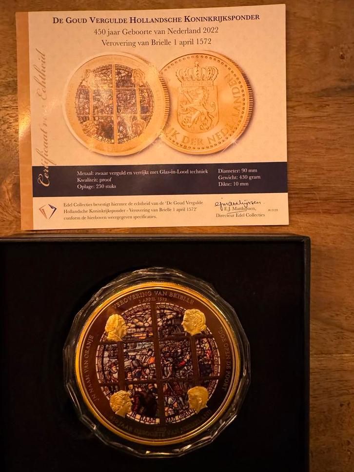 Hollandsche Ponder Brielle 1572 Glas in Lood - Certificaat, Postzegels en Munten, Penningen en Medailles, Overige materialen, Nederland